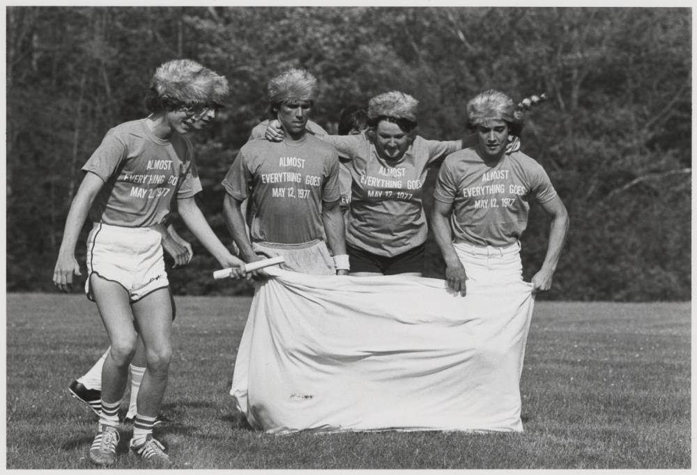 Students in a potato sack race.